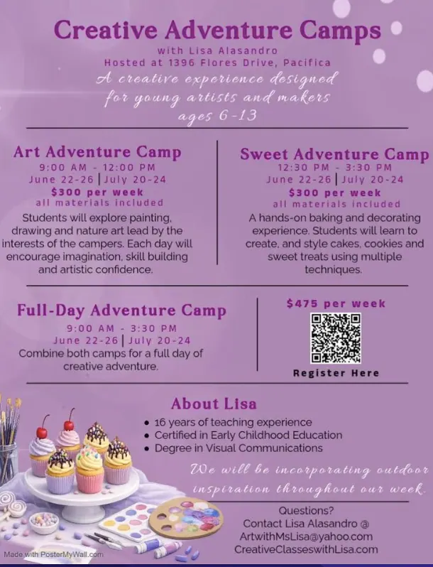 Creative Adventure Camps in Pacifica offering art, baking, decorating, and full-day creative programs for kids ages 6 to 13.
