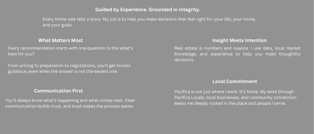 Four values guiding Vicki Moore’s real estate service in Pacifica: what matters most, communication first, insight meets intention, and local commitment.