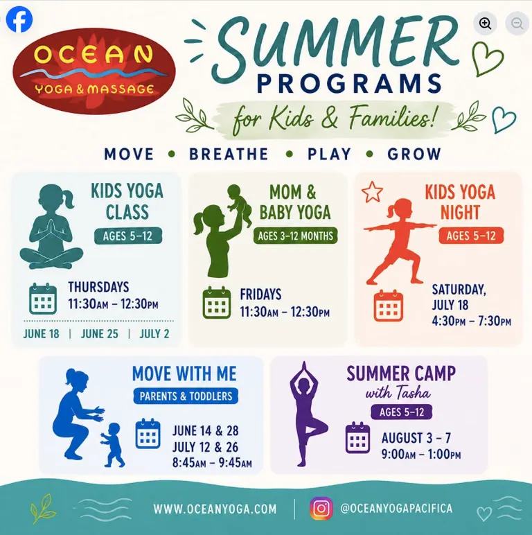 Ocean Yoga and Massage summer programs flyer for kids and families in Pacifica, featuring kids yoga, mom and baby yoga, toddler movement classes, kids yoga night, and summer camp.