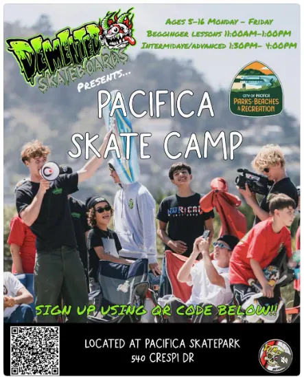 Pacifica Skate Camp for kids ages 5 to 16 at Pacifica Skatepark with beginner and intermediate skateboard lessons