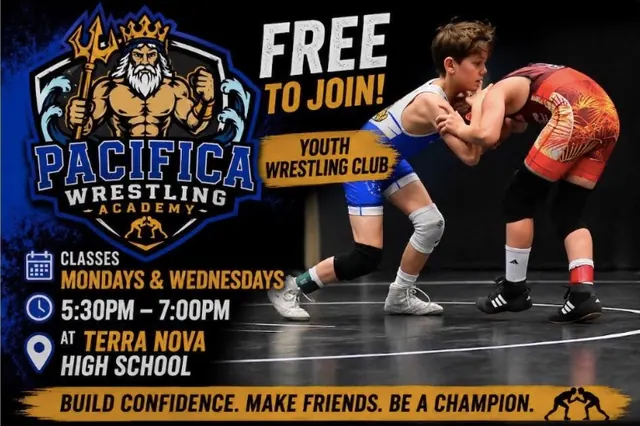 Pacifica Wrestling Academy youth wrestling club flyer with two young wrestlers, free to join classes at Terra Nova High School.
