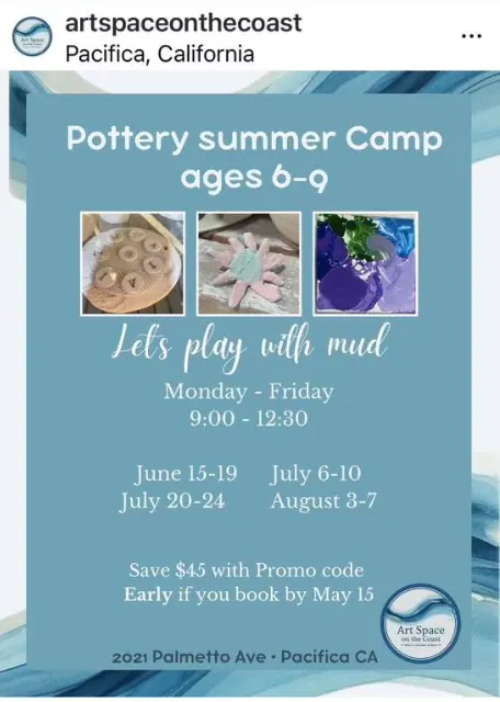 Pottery summer camp flyer for ages 6 to 9 at Art Space on the Coast in Pacifica, California, with camp dates, times, and clay project photos.