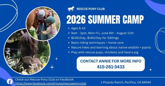 Rescue Pony Club 2026 summer camp in Pacifica for kids ages 6 to 14 with riding, horse care, nature hikes, and rescue animals