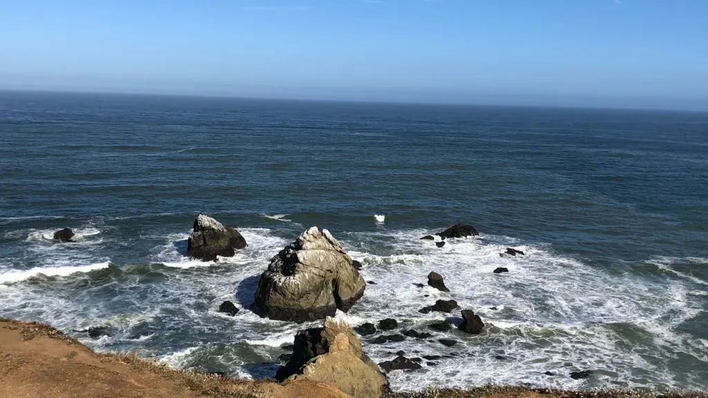 Rocky coastline at Mori Point overlooking the Pacific Ocean in Pacifica, California