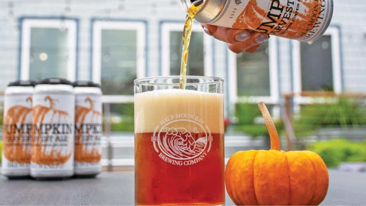 A glass of amber pumpkin ale from Half Moon Bay Brewing Company being poured from a can beside a small orange pumpkin on a sunny patio.