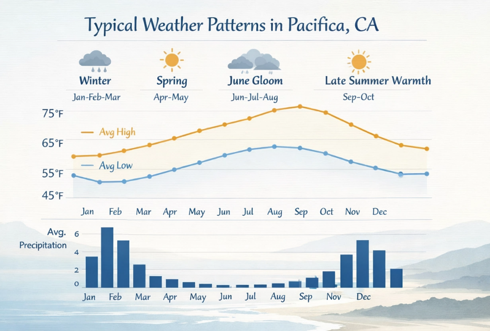 Typical weather pattern Pacifica, CA 94044