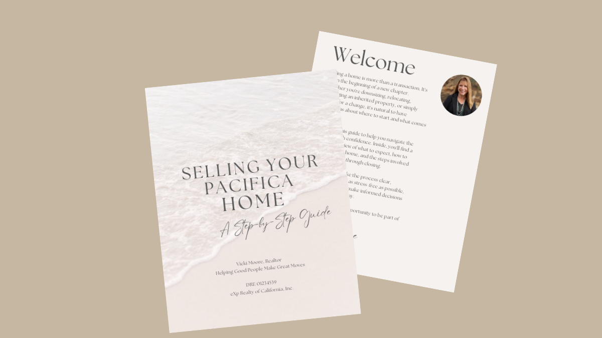Selling Your Home guide by Pacifica Realtor Vicki Moore featuring a step-by-step home selling workbook