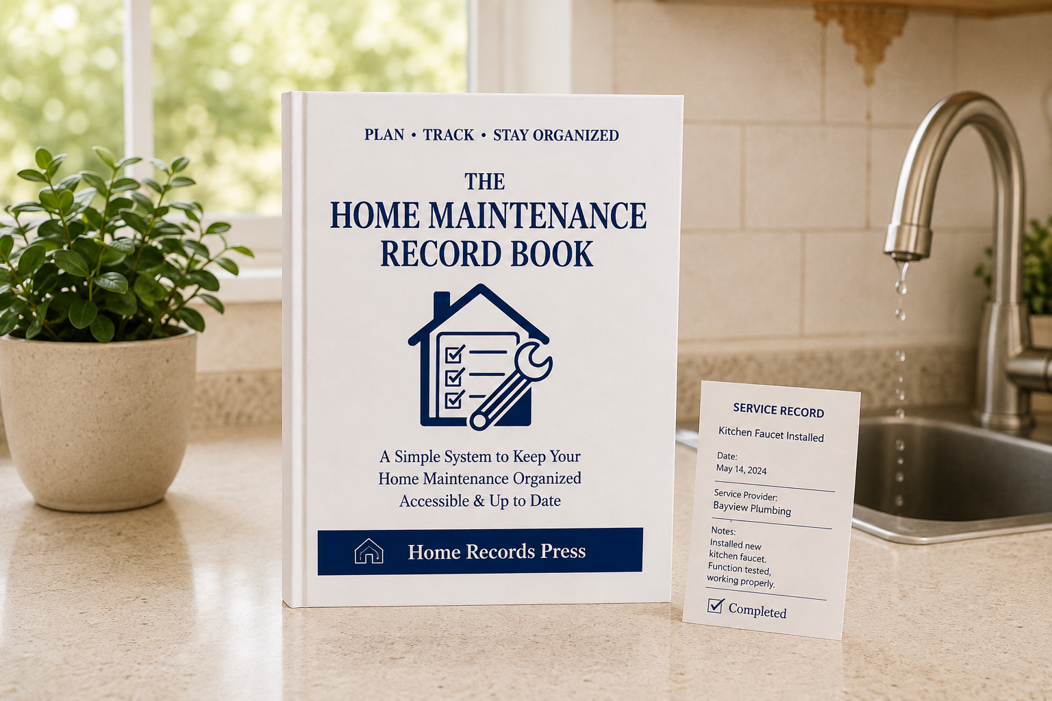 Home Maintenance Record Book on a kitchen counter beside a service record for a faucet repair